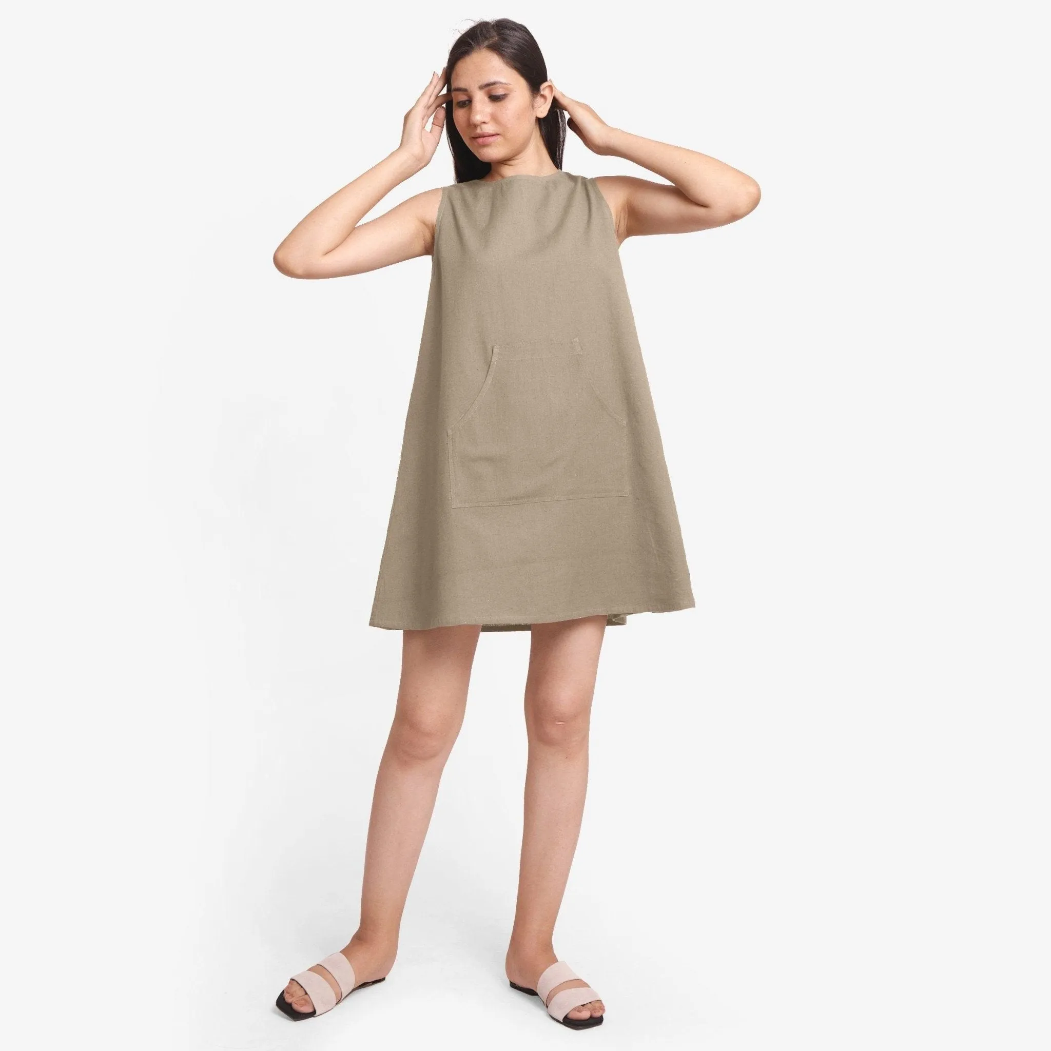 Beige Cotton Flax Sleeveless A-Line Mini Dress