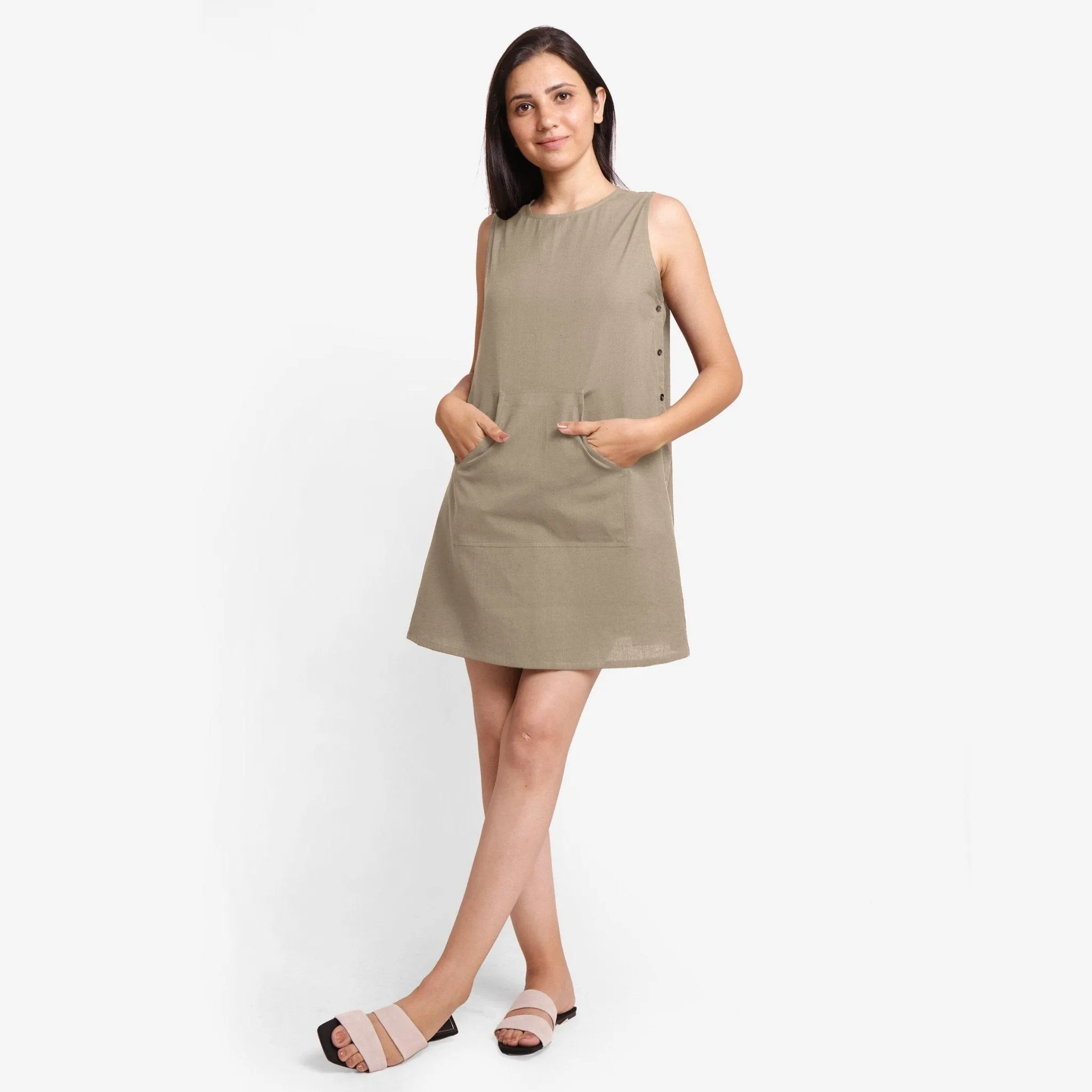 Beige Cotton Flax Sleeveless A-Line Mini Dress