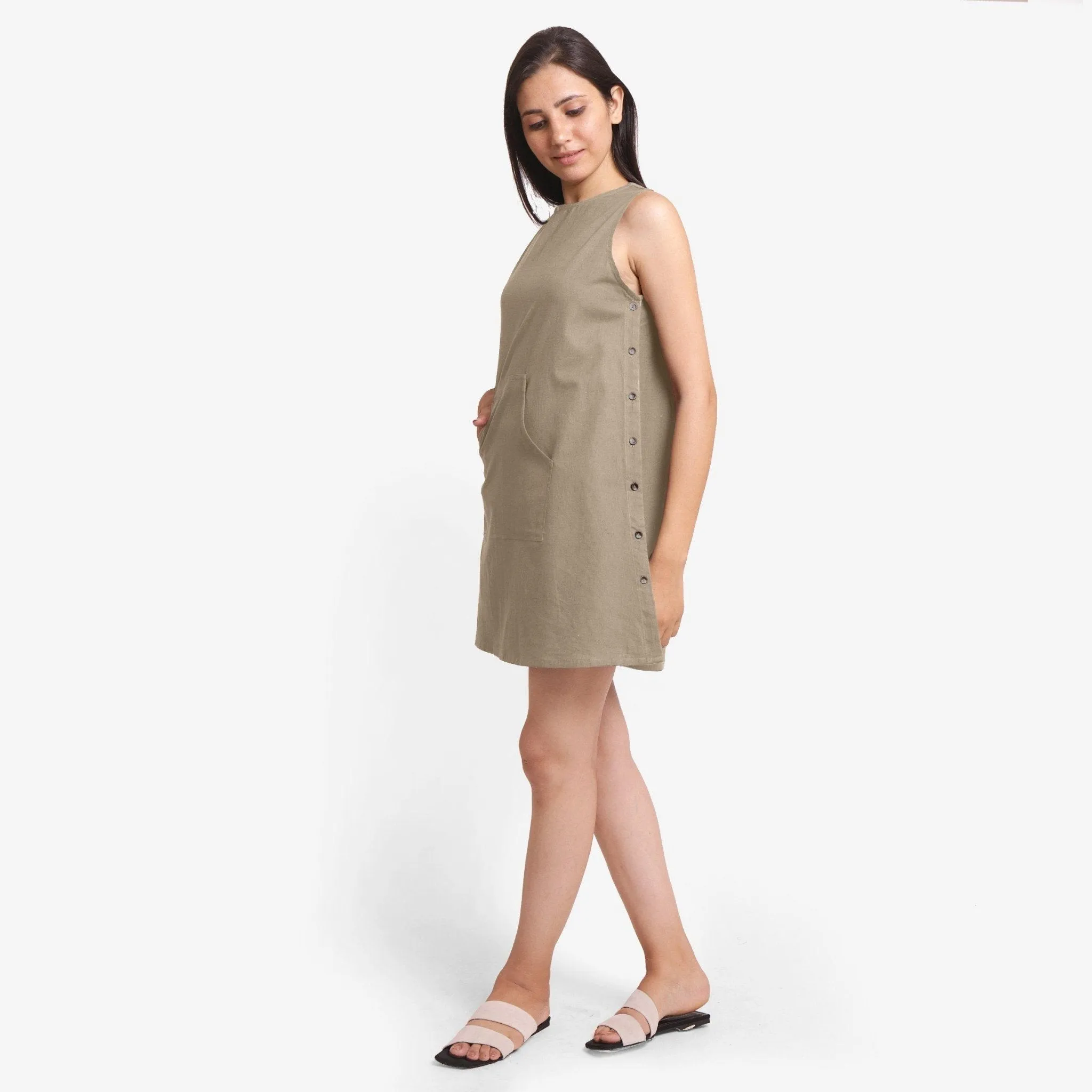 Beige Cotton Flax Sleeveless A-Line Mini Dress