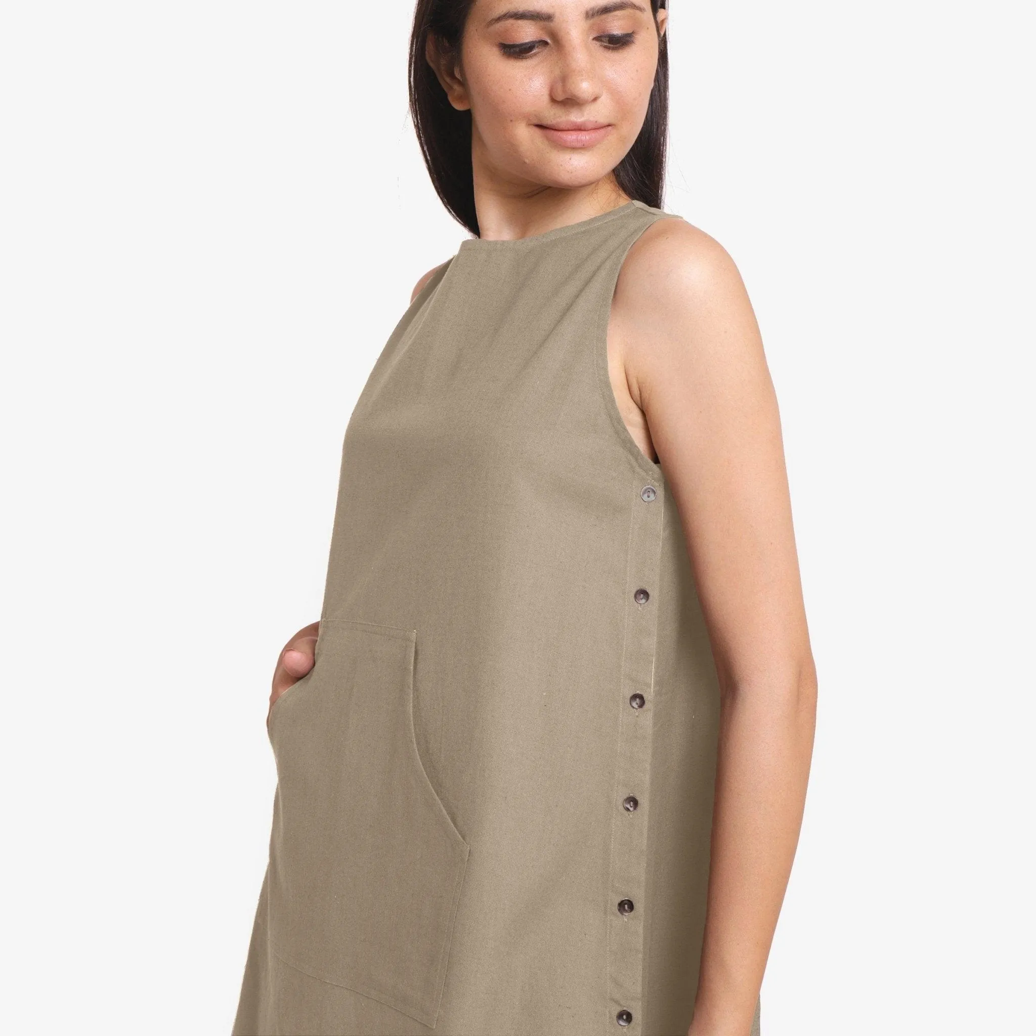 Beige Cotton Flax Sleeveless A-Line Mini Dress