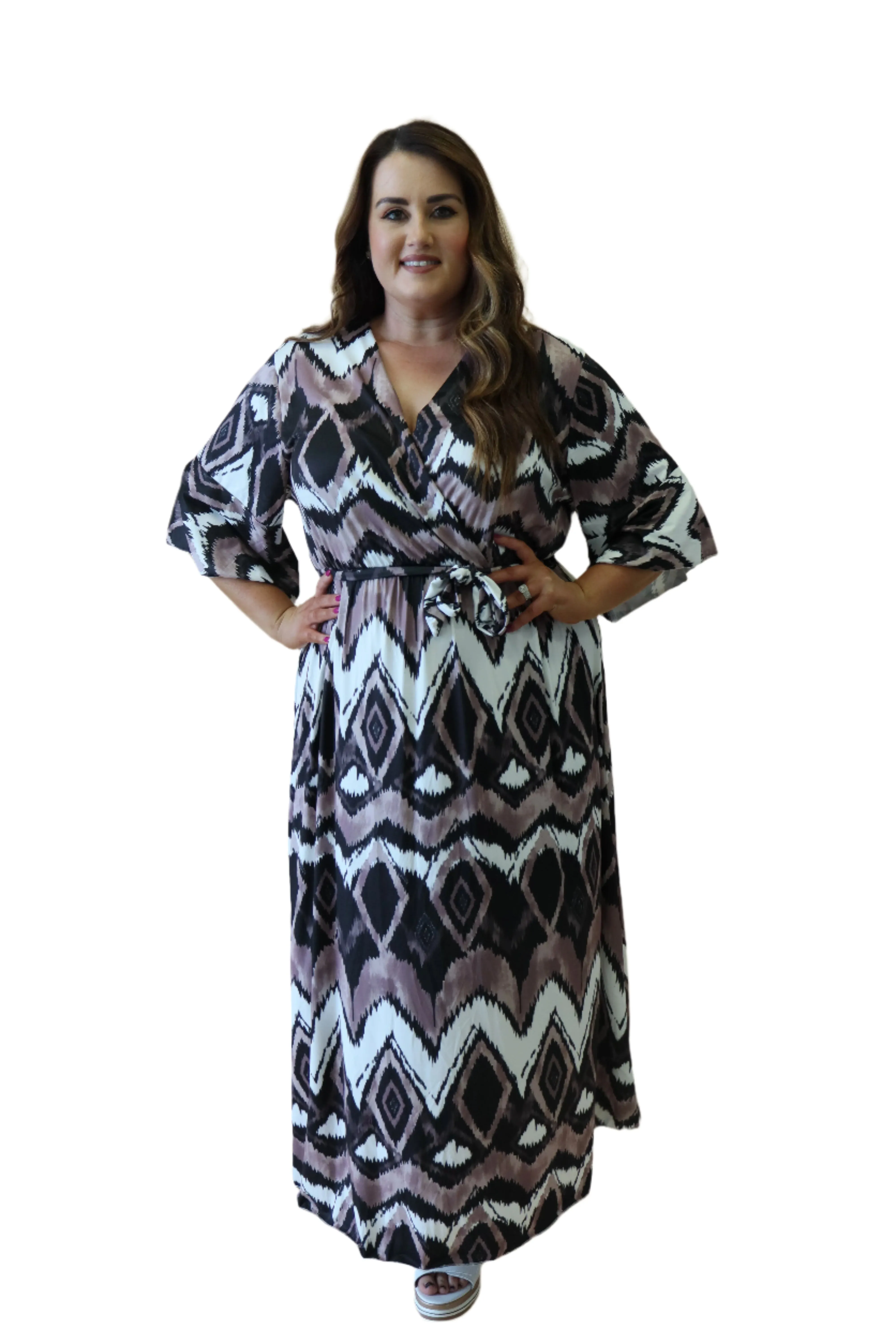 Beth Faux Wrap Dress in Brown Print
