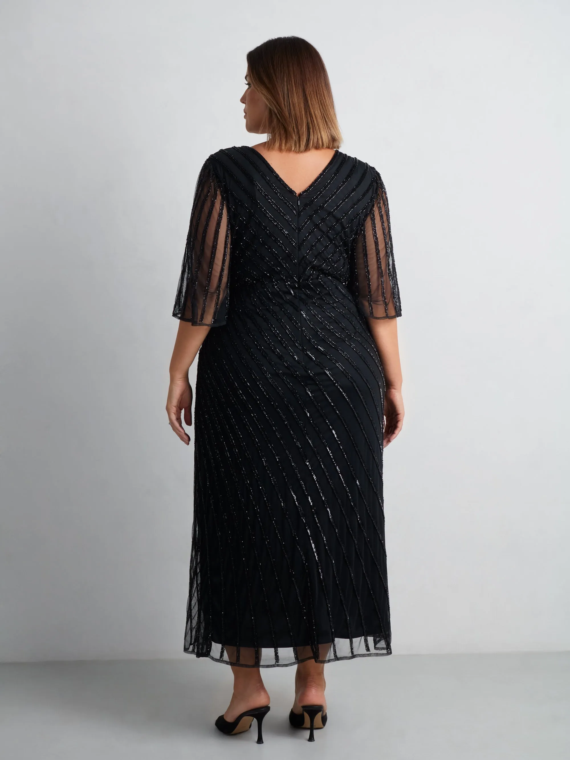 Black Embellished Flutter Sleeve Maxi Dress