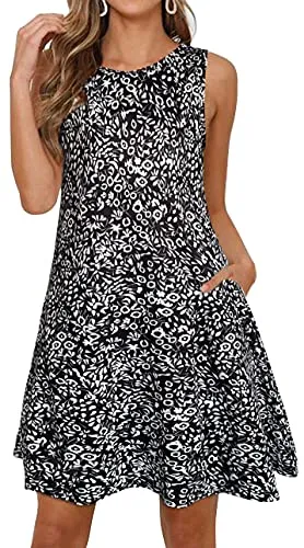 Black Floral Summer Dresses for Women Beach Floral Tshirt Sundress Sleeveless Pockets Casual Loose Tank Dress - elescat