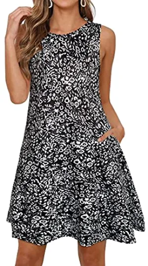 Black Floral Summer Dresses for Women Beach Floral Tshirt Sundress Sleeveless Pockets Casual Loose Tank Dress - elescat