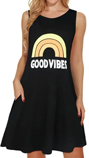 Black Good Vibes Summer Dresses for Women Beach Floral Tshirt Sundress Sleeveless Pockets Casual Loose Tank Dress - elescat