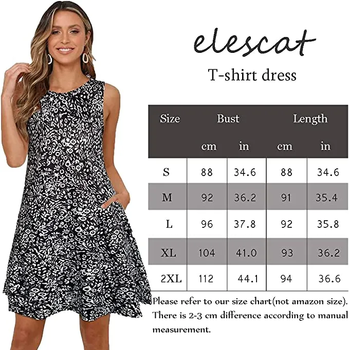 Black Good Vibes Summer Dresses for Women Beach Floral Tshirt Sundress Sleeveless Pockets Casual Loose Tank Dress - elescat