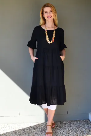 Black Linen Blend Midi Dress