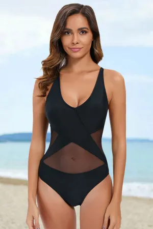 Black Mesh Patchwork Flattering Cross Back One Piece Swimwear