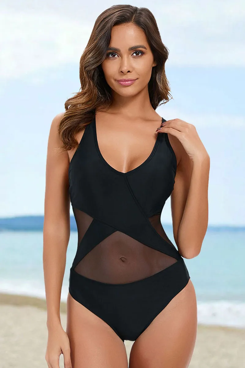 Black Mesh Patchwork Flattering Cross Back One Piece Swimwear