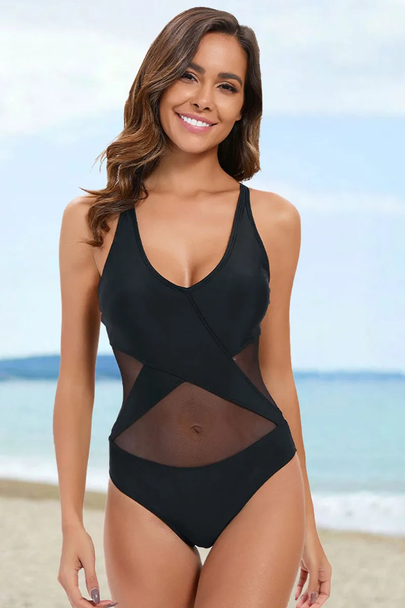 Black Mesh Patchwork Flattering Cross Back One Piece Swimwear