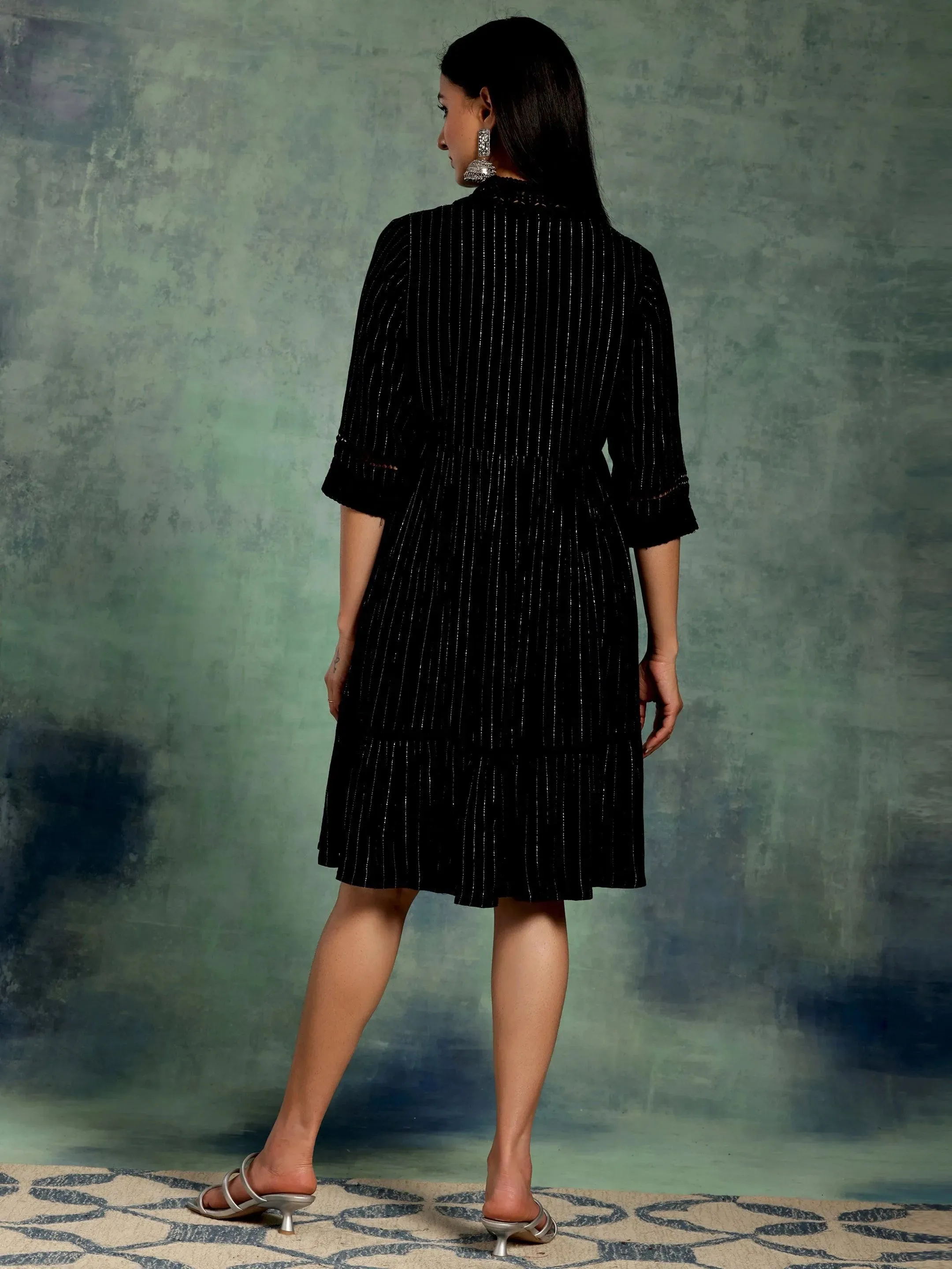 Black Self Design Rayon Fit and Flare Dress