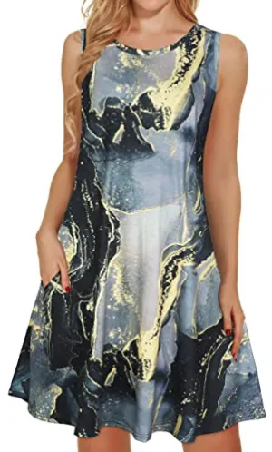 Black Sky Tie Dye Summer Dresses for Women Beach Floral Tshirt Sundress Sleeveless Pockets Casual Loose Tank Dress - elescat