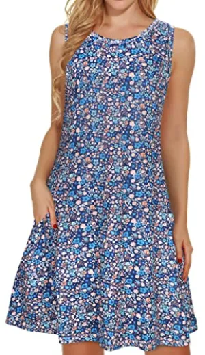 Blue Daisy Summer Dresses for Women Beach Floral Tshirt Sundress Sleeveless Pockets Casual Loose Tank Dress - elescat