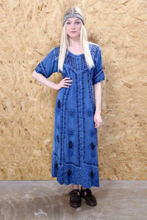 Blue Embroidered Boho Maxi Dress