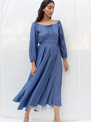 Blue Flared Long Cotton Maxi Dress