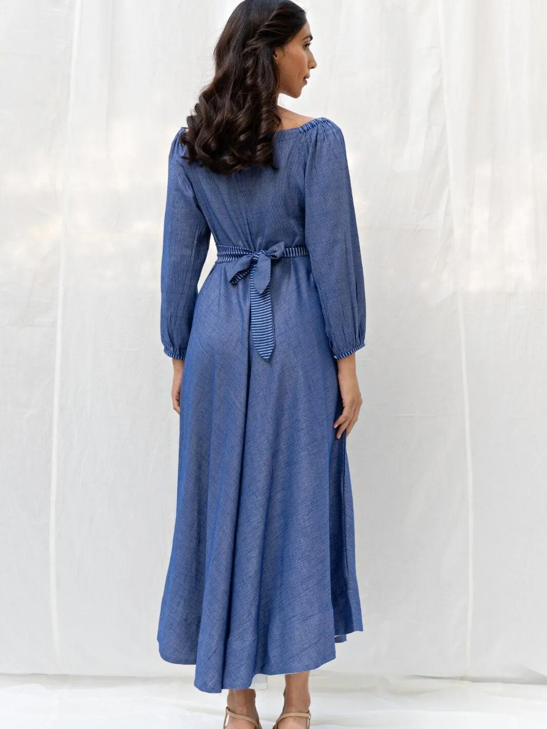 Blue Flared Long Cotton Maxi Dress