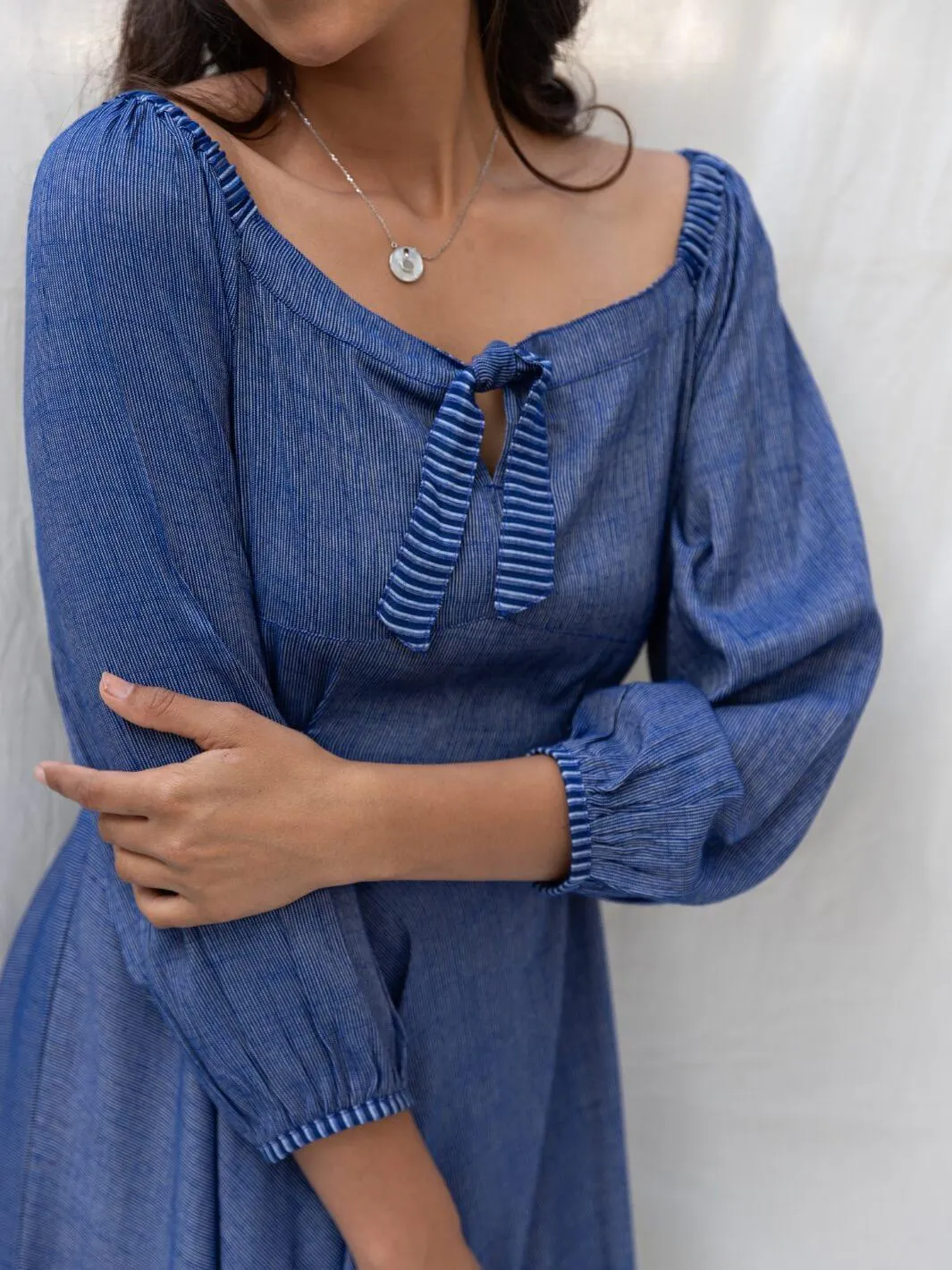 Blue Flared Long Cotton Maxi Dress