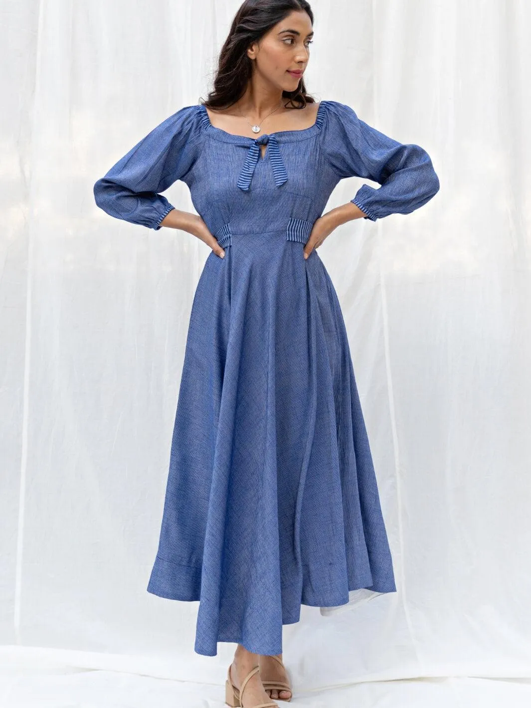 Blue Flared Long Cotton Maxi Dress