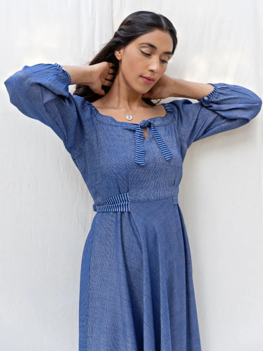 Blue Flared Long Cotton Maxi Dress