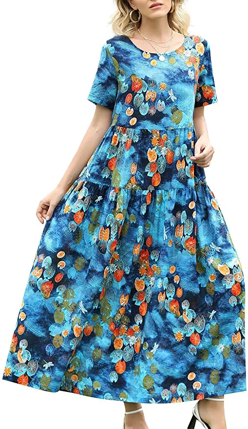 Blue Multi Women Casual Loose Bohemian Floral Dress with Pockets Short Sleeve Long Maxi Summer Beach Swing Dress - Yesno