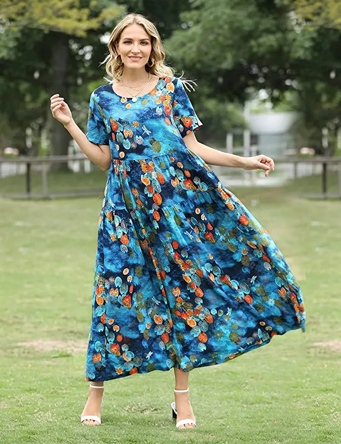 Blue Multi Women Casual Loose Bohemian Floral Dress with Pockets Short Sleeve Long Maxi Summer Beach Swing Dress - Yesno