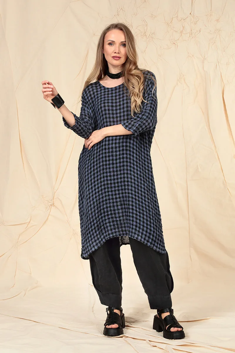 Blue Nova Check Gauze Linen Tunic Dress