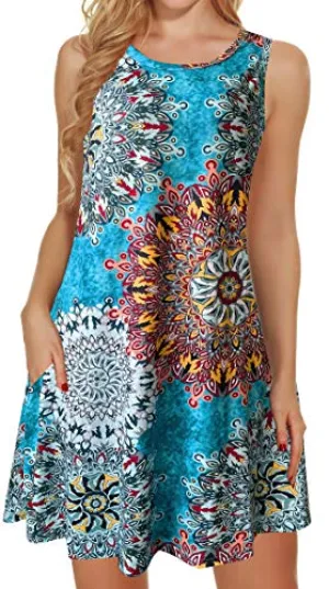Bohemian Light Blue Summer Dresses for Women Beach Floral Tshirt Sundress Sleeveless Pockets Casual Loose Tank Dress - elescat