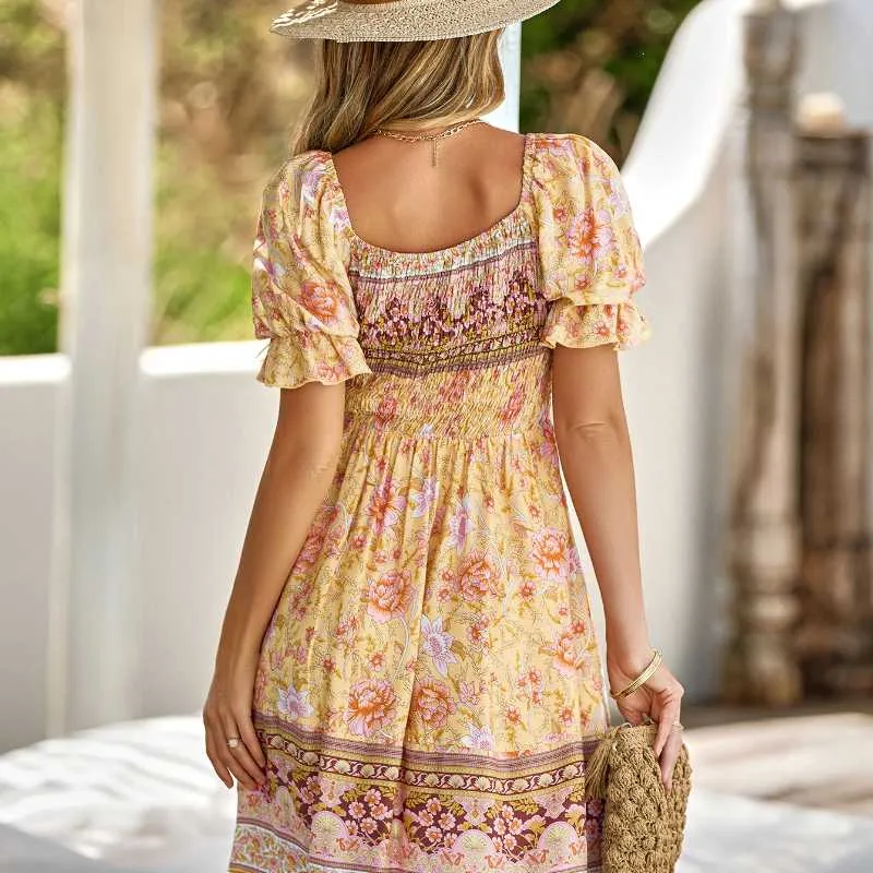 Bohemian Print Square Neckline Dress