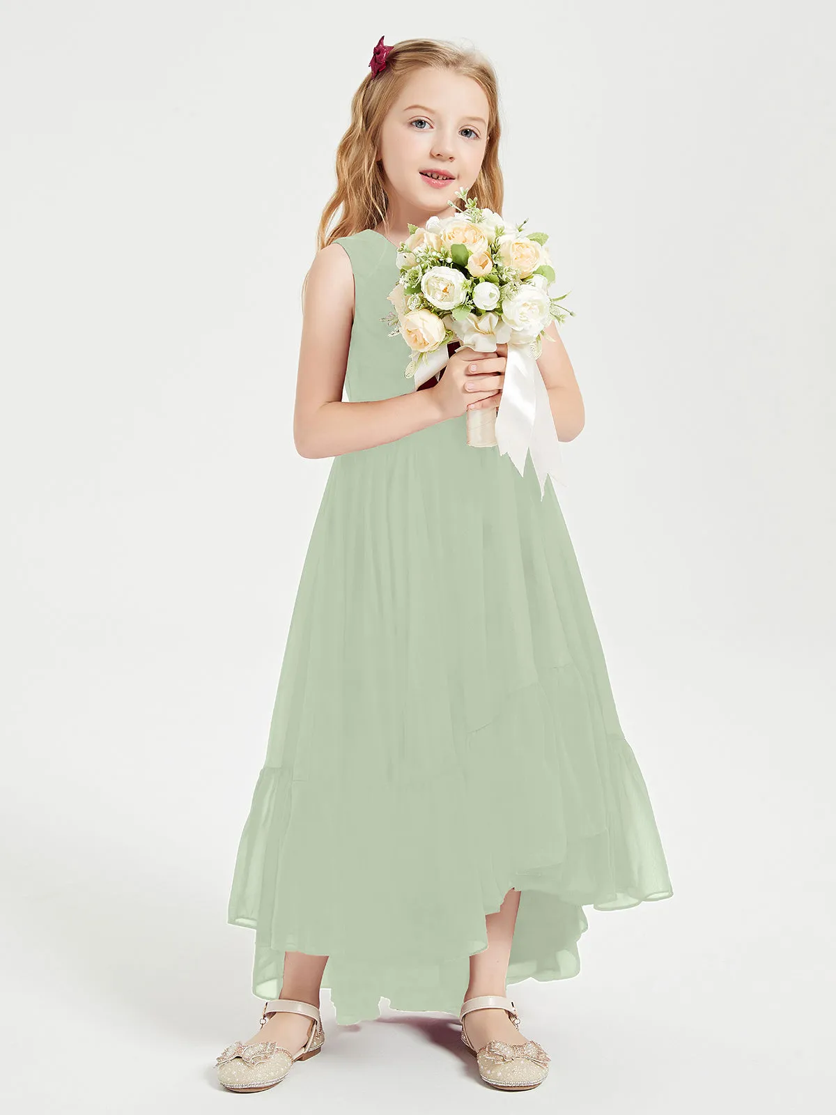 Boho Junior Bridesmaid Dresses Cascading Skirt Dusty Sage