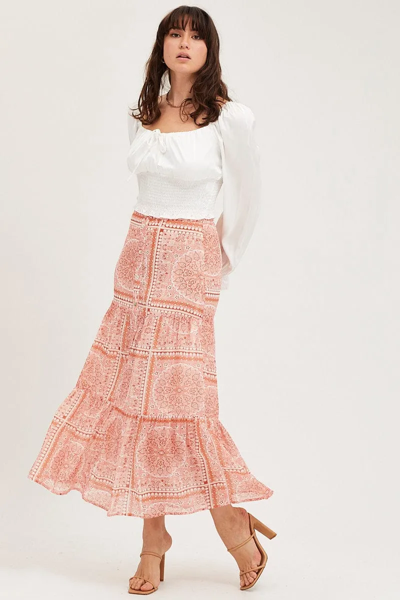 Boho Print Maxi Skirt High Rise Tiered