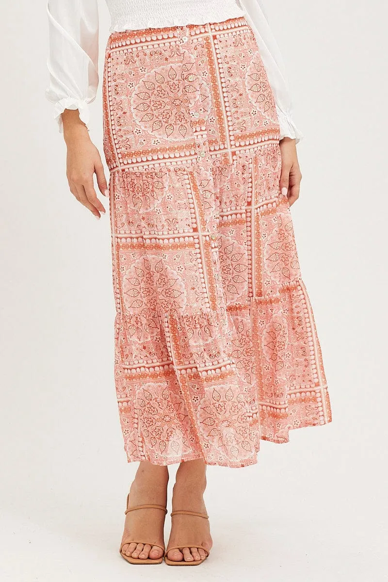 Boho Print Maxi Skirt High Rise Tiered