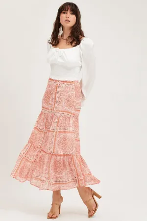 Boho Print Maxi Skirt High Rise Tiered