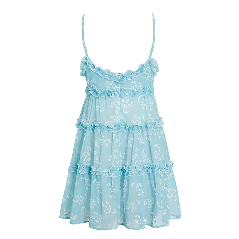 Boho summer Floral print ruffle Spaghetti a-line sexy Ruffle v-neck mini holiday Beachwear dress