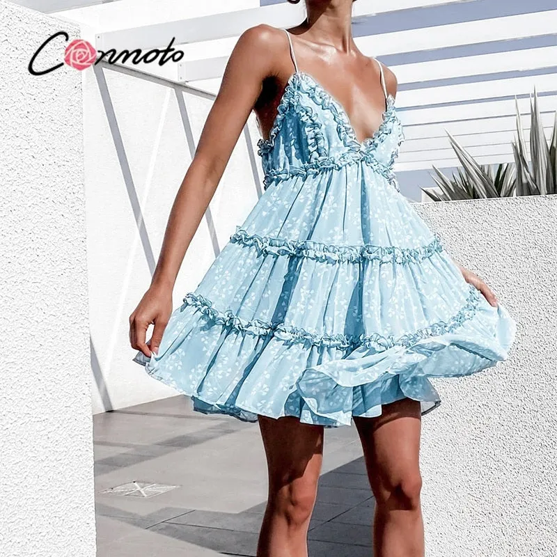 Boho summer Floral print ruffle Spaghetti a-line sexy Ruffle v-neck mini holiday Beachwear dress