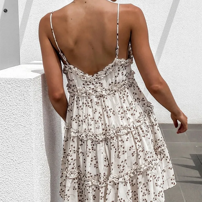Boho summer Floral print ruffle Spaghetti a-line sexy Ruffle v-neck mini holiday Beachwear dress