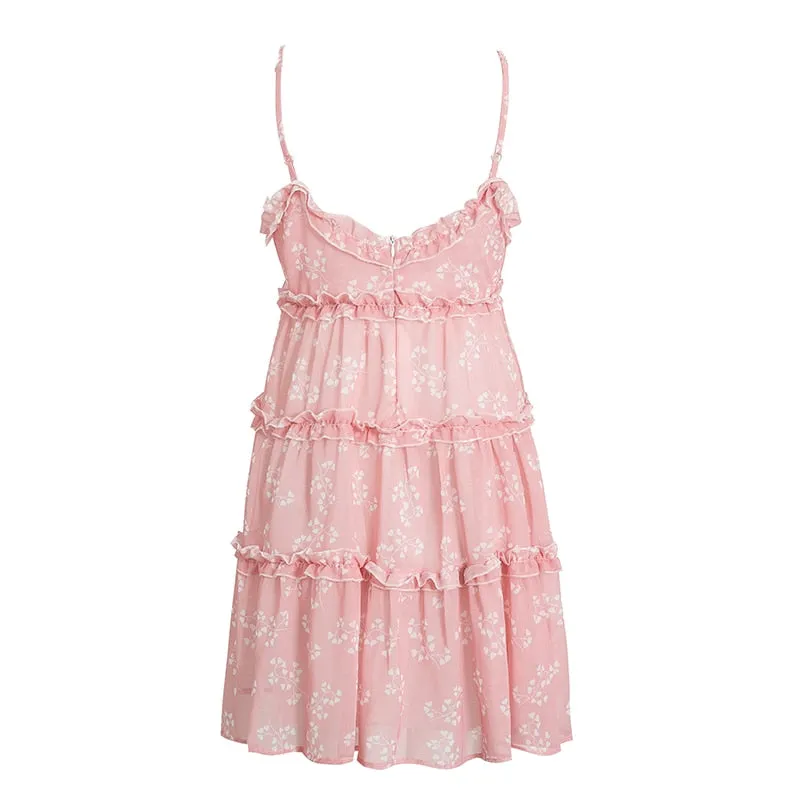 Boho summer Floral print ruffle Spaghetti a-line sexy Ruffle v-neck mini holiday Beachwear dress