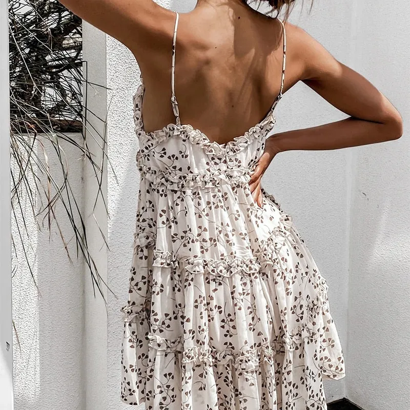 Boho summer Floral print ruffle Spaghetti a-line sexy Ruffle v-neck mini holiday Beachwear dress