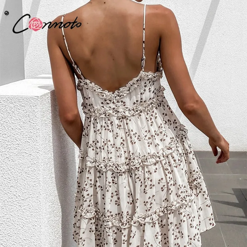 Boho summer Floral print ruffle Spaghetti a-line sexy Ruffle v-neck mini holiday Beachwear dress