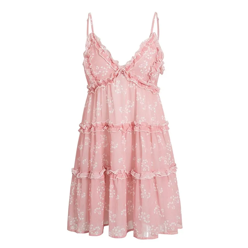 Boho summer Floral print ruffle Spaghetti a-line sexy Ruffle v-neck mini holiday Beachwear dress