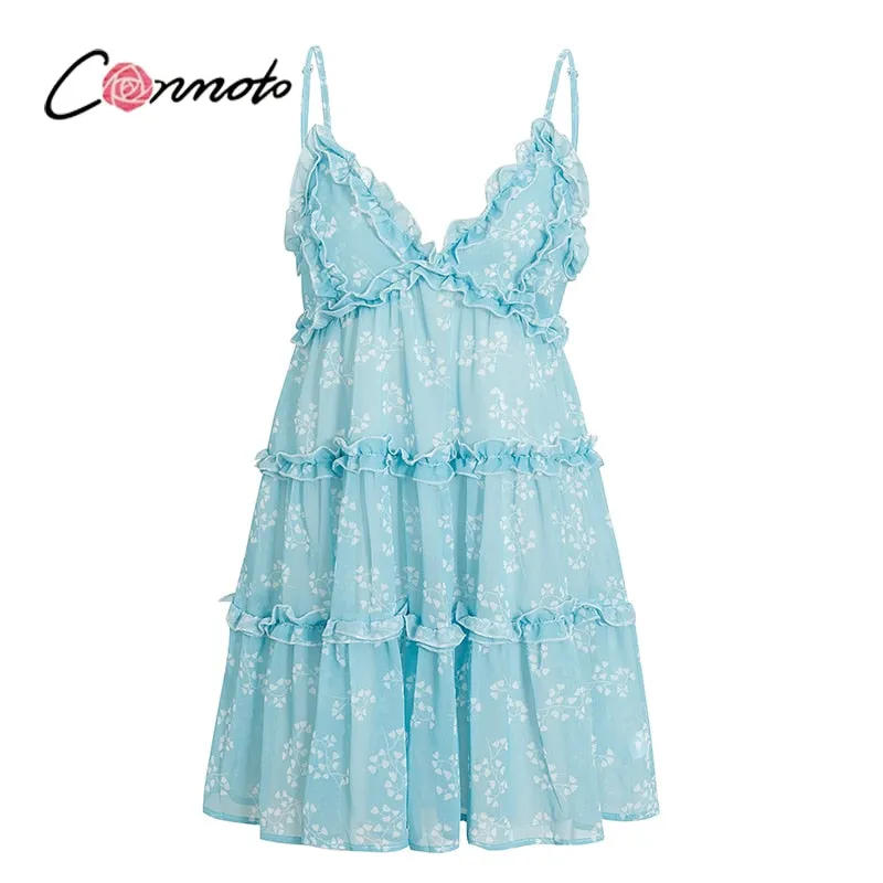 Boho summer Floral print ruffle Spaghetti a-line sexy Ruffle v-neck mini holiday Beachwear dress