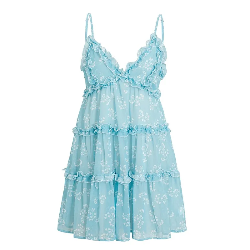 Boho summer Floral print ruffle Spaghetti a-line sexy Ruffle v-neck mini holiday Beachwear dress