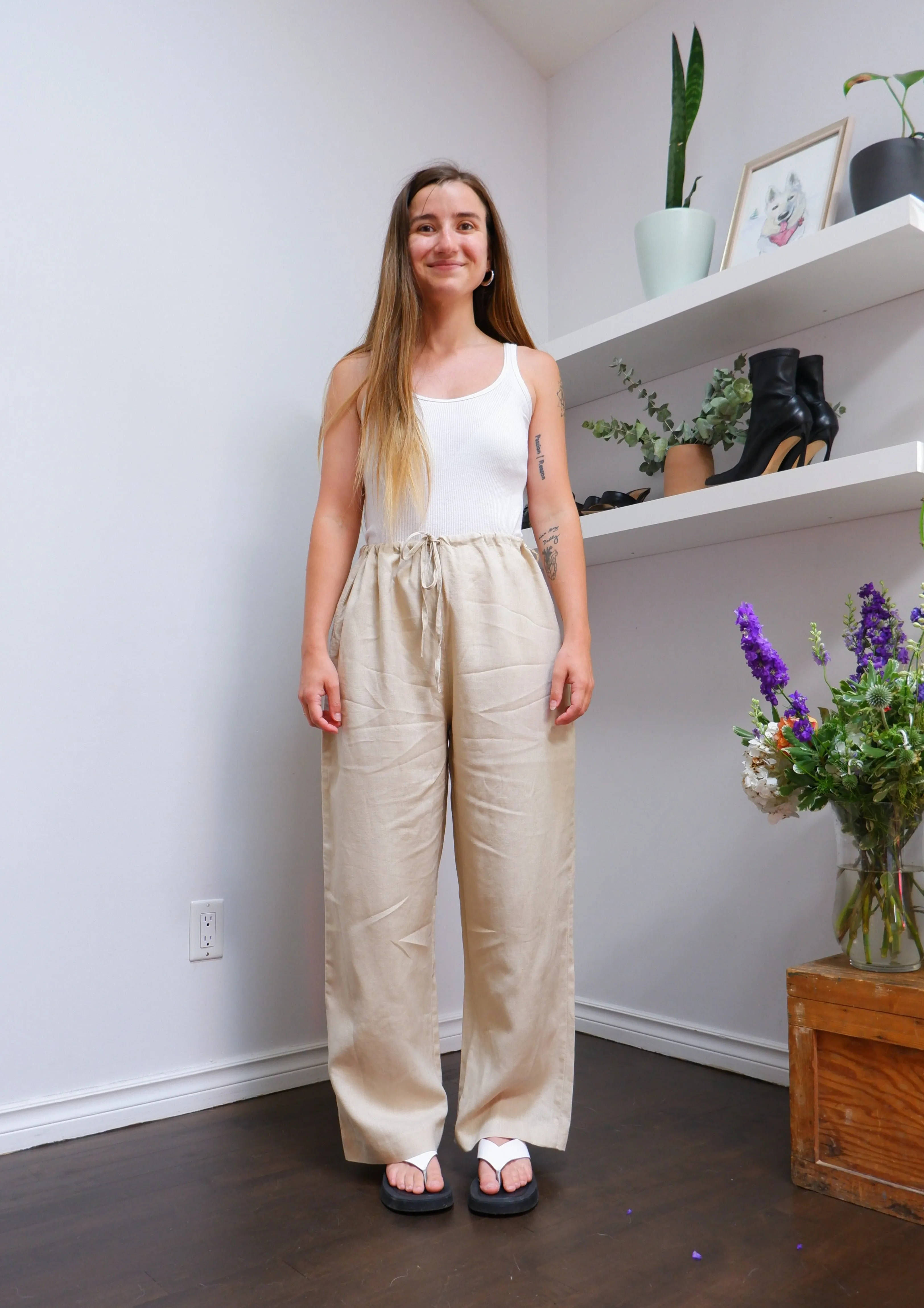 Breezy Oatmeal 100% Linen Drawstring Trousers - M/L/XL