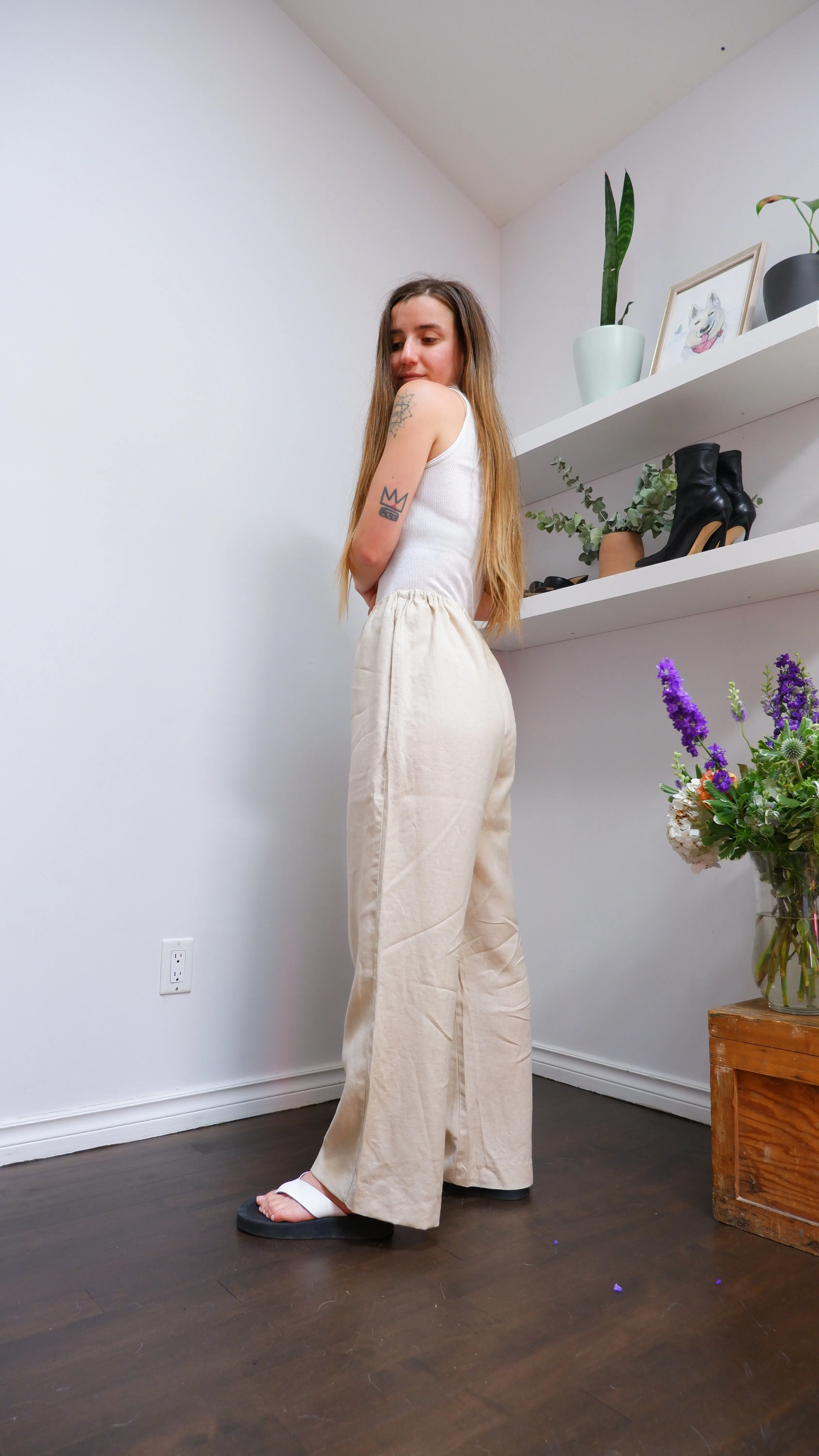 Breezy Oatmeal 100% Linen Drawstring Trousers - M/L/XL