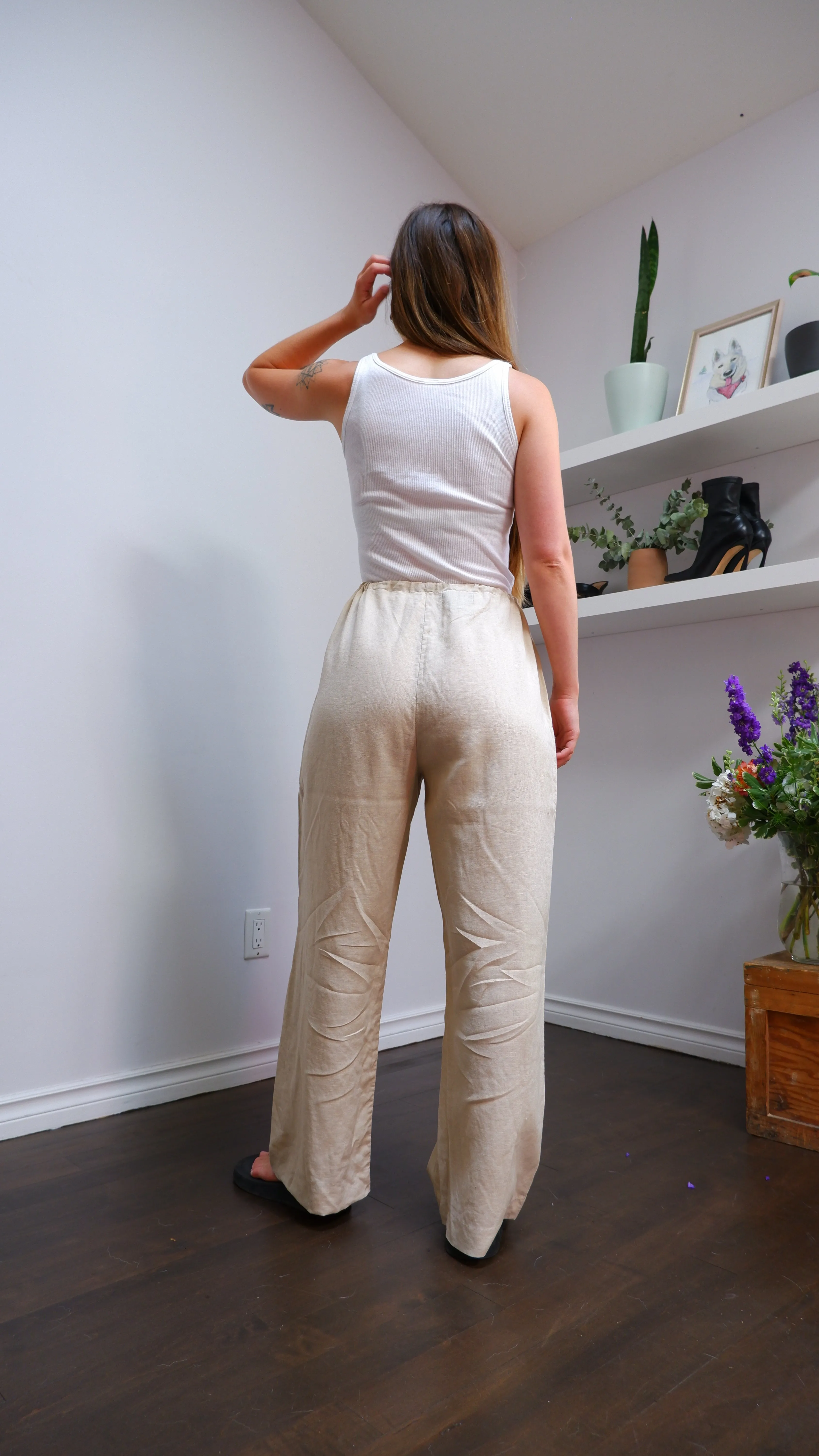 Breezy Oatmeal 100% Linen Drawstring Trousers - M/L/XL