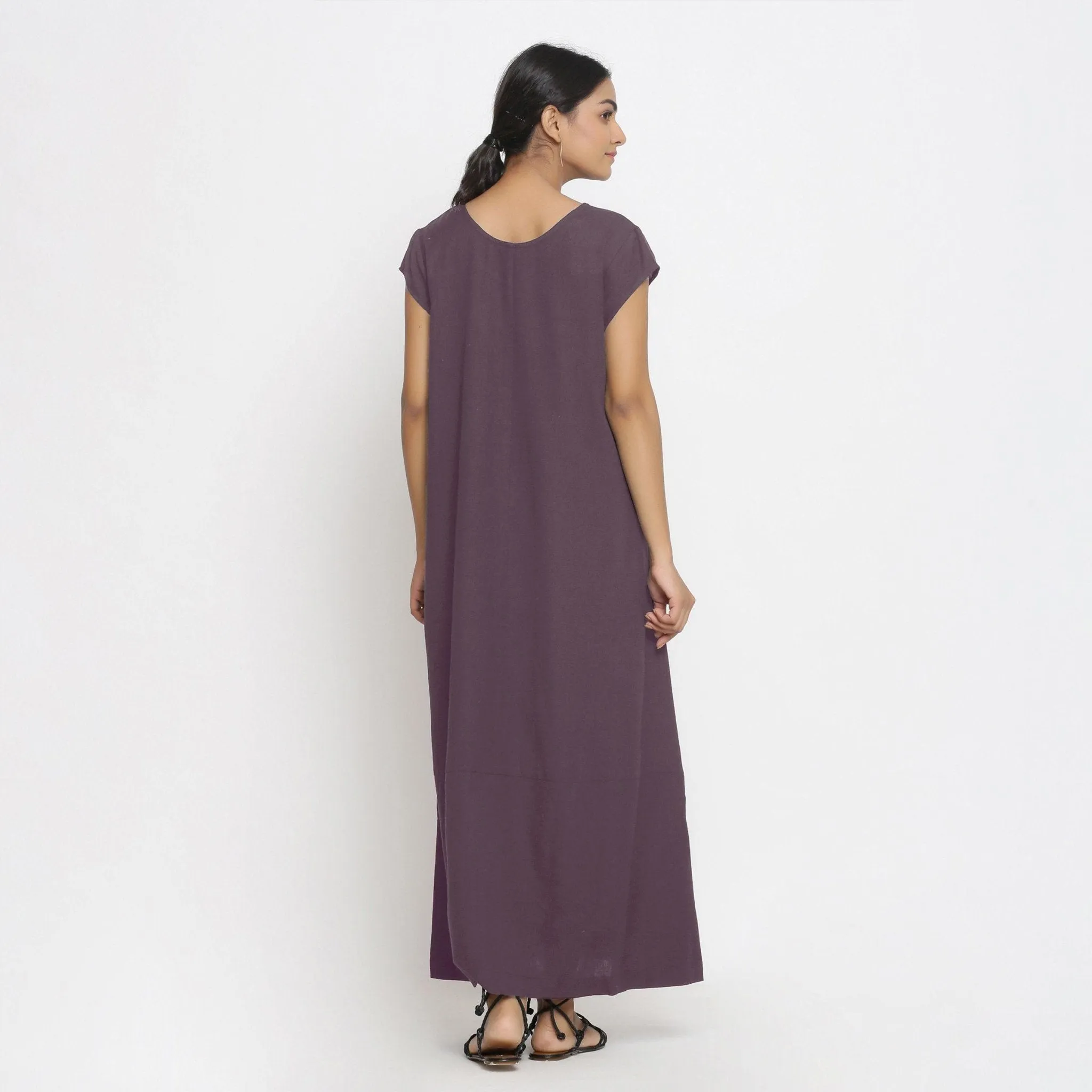 Brown Cotton Flax Scoop Neck Paneled Maxi Dress