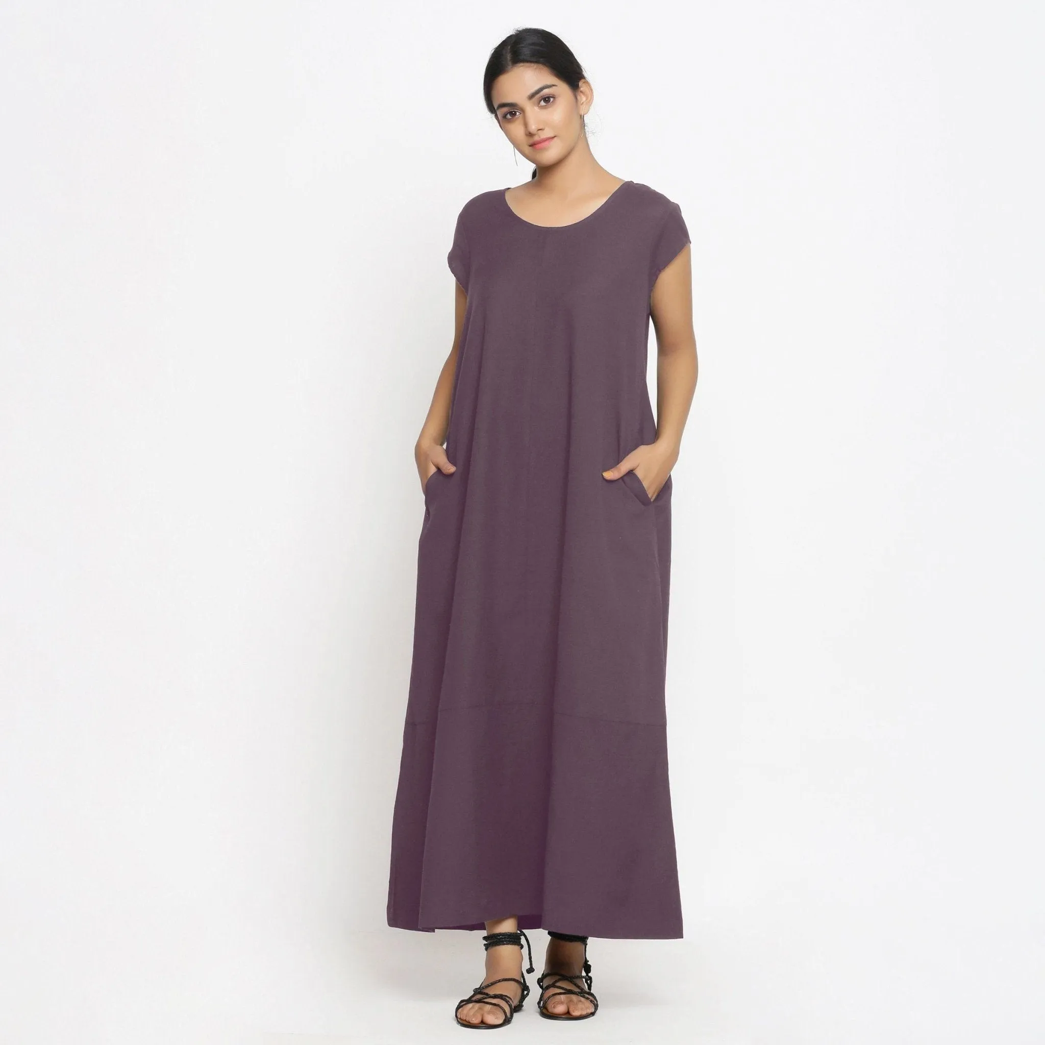 Brown Cotton Flax Scoop Neck Paneled Maxi Dress