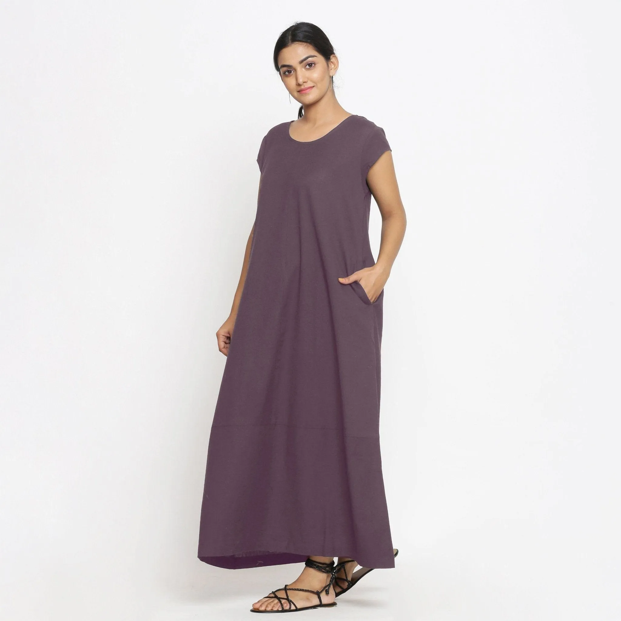Brown Cotton Flax Scoop Neck Paneled Maxi Dress