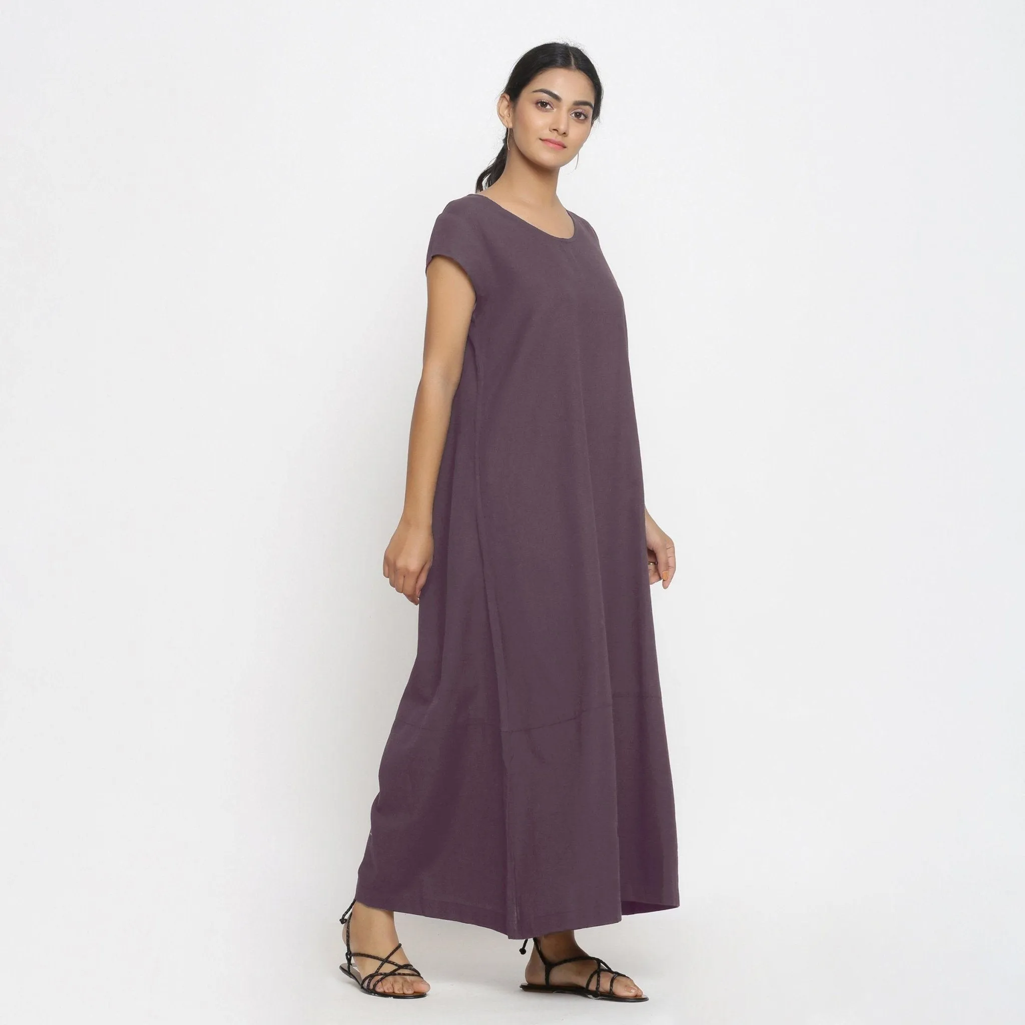 Brown Cotton Flax Scoop Neck Paneled Maxi Dress