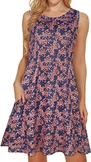 Brown Floral Summer Dresses for Women Beach Floral Tshirt Sundress Sleeveless Pockets Casual Loose Tank Dress - elescat