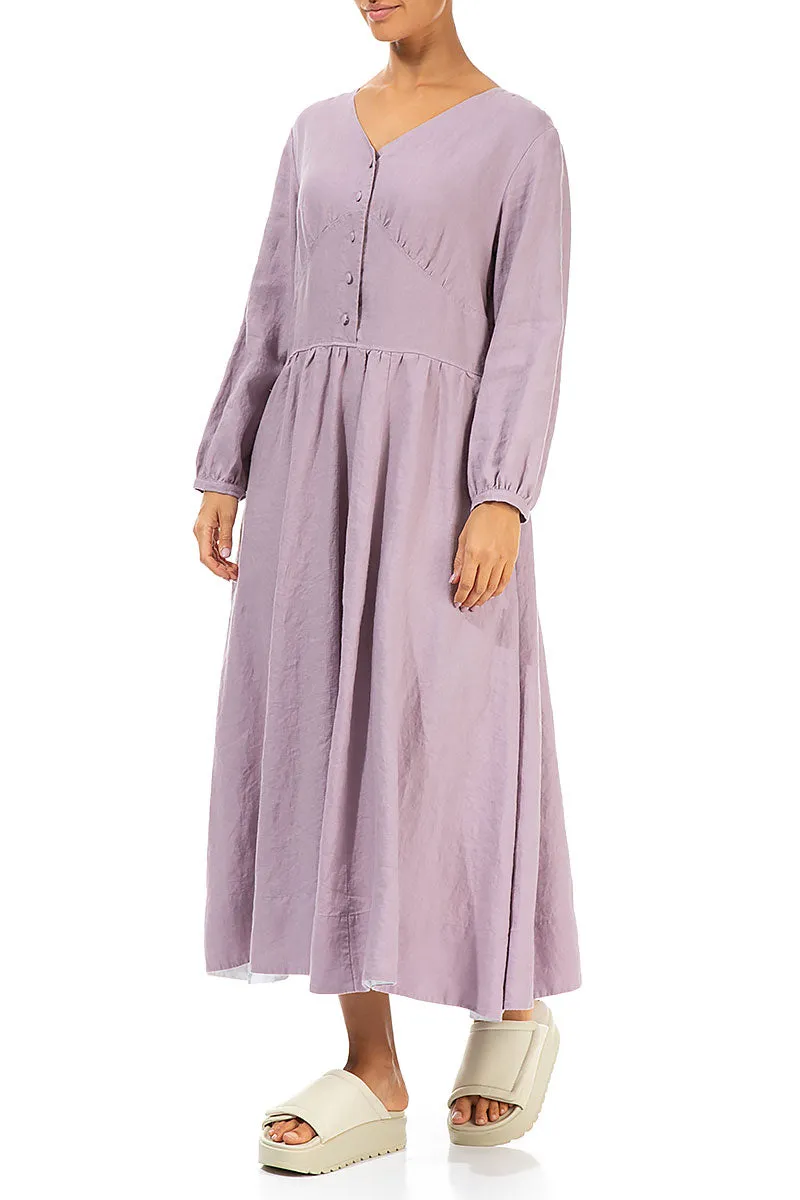Buttoned V-Neck Light Lilac Linen Dress